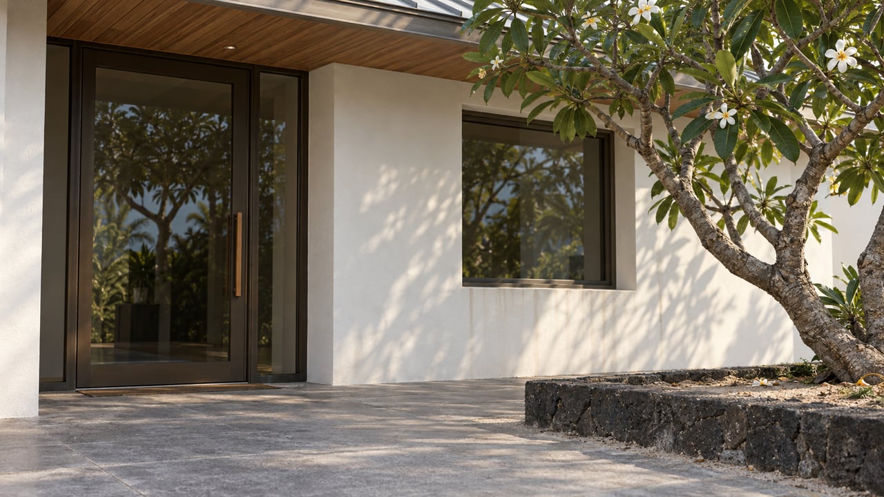 Modern home entrance with a glass door, wood soffit, and flowering tree beside a stone planter.