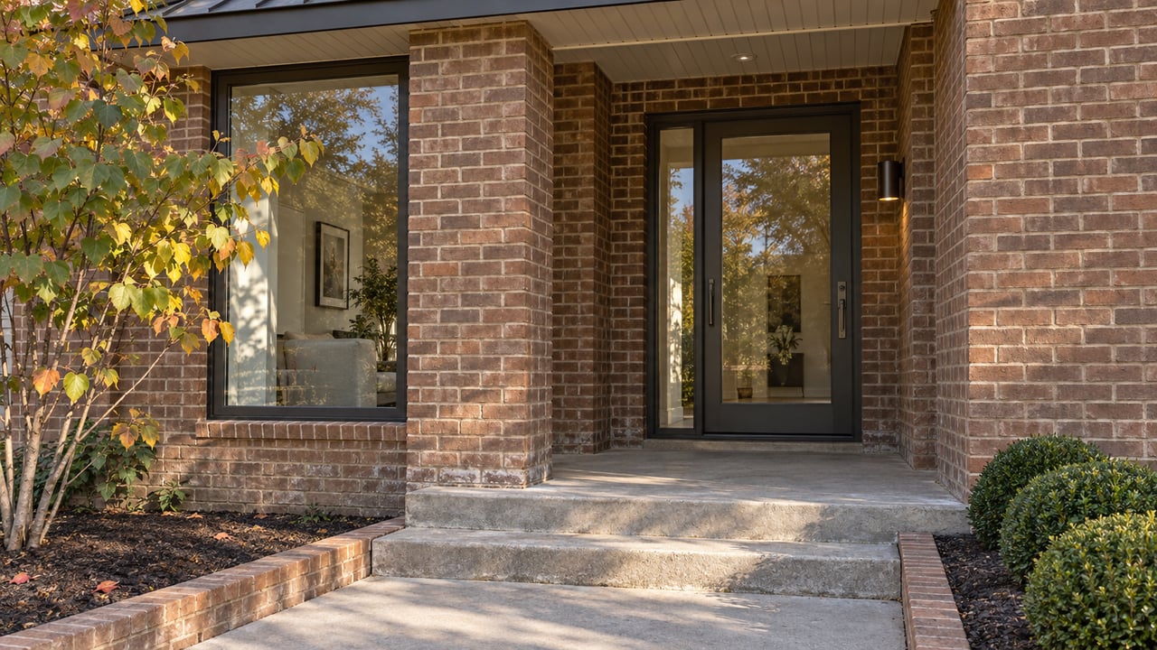Warm brick home entrance with bronze-framed glass door, concrete steps, and a redbud with early autumn leaves.