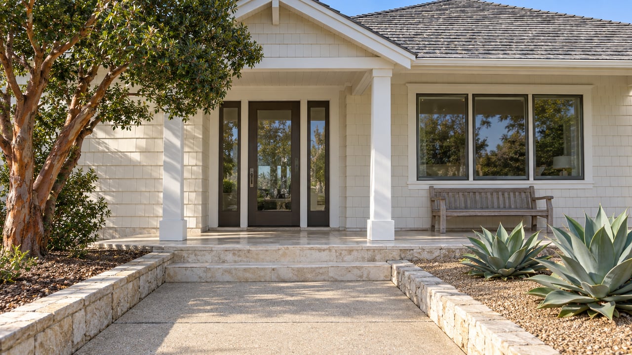 Cream-shingled home with a covered limestone porch, bronze-framed glazing, a weathered teak bench and sculptural planting in late-morning light.