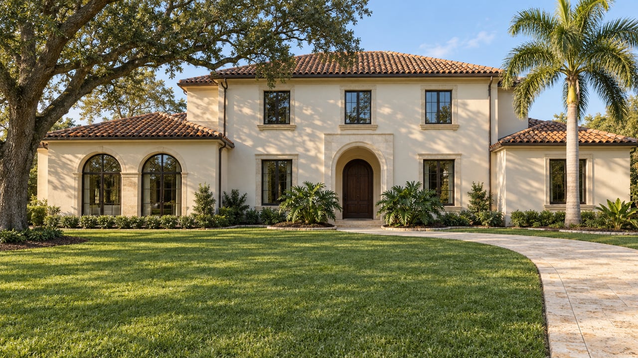 Cream-stucco estate with clay-tile roofs beyond a broad lawn, a curving limestone approach, and mature specimen trees.