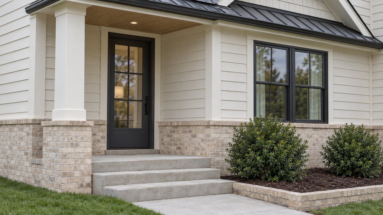Recessed charcoal-glass front door beside a black-framed window, above concrete steps and a brick base.