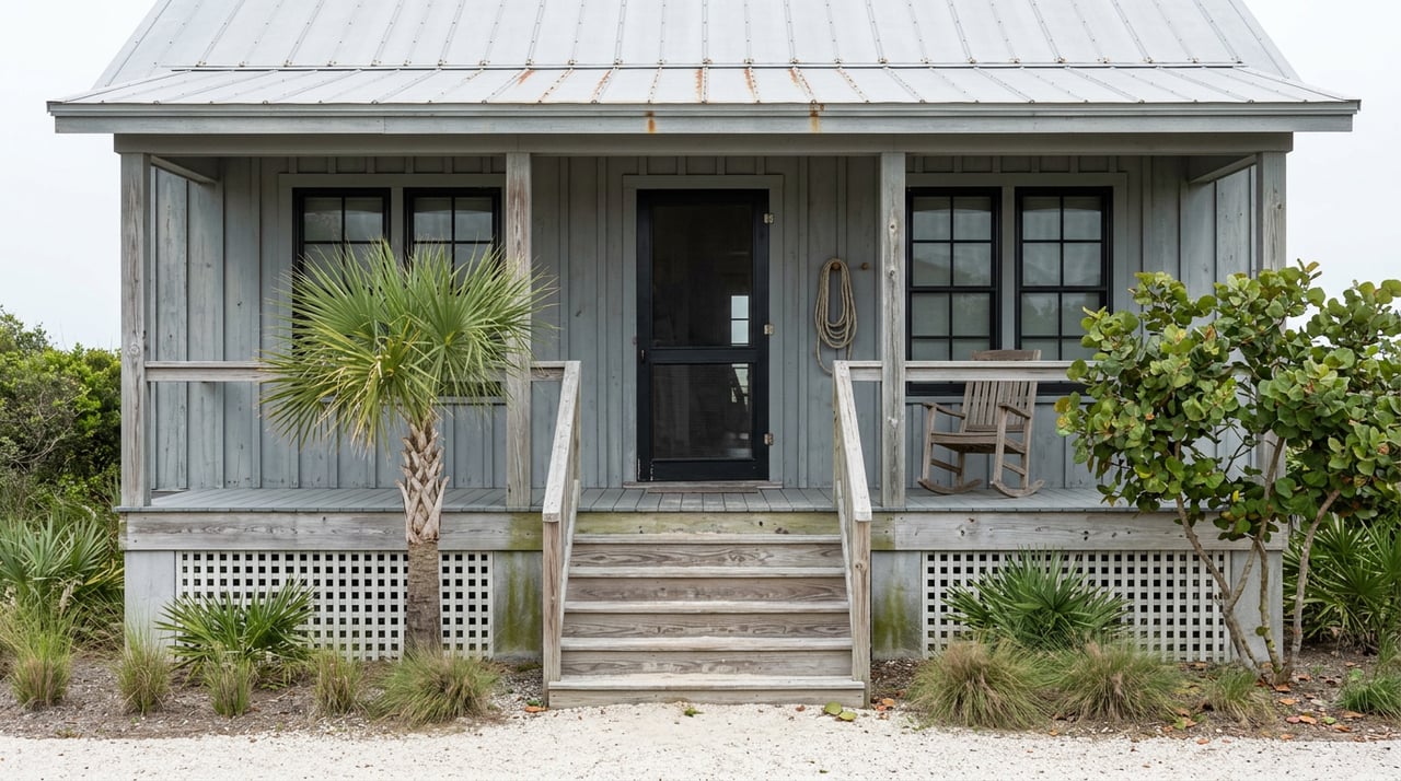 Weathered gray-blue beach cottage raised on wood piers, with a white lattice skirt, porch rocking chair, and shell path.