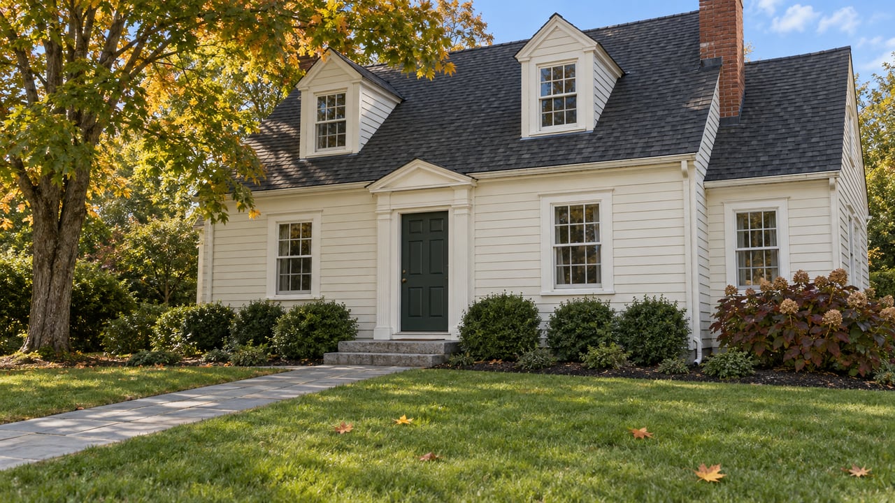 Ivory clapboard house with paired dormers, a green front door, granite steps and a bluestone walk across an autumn lawn.