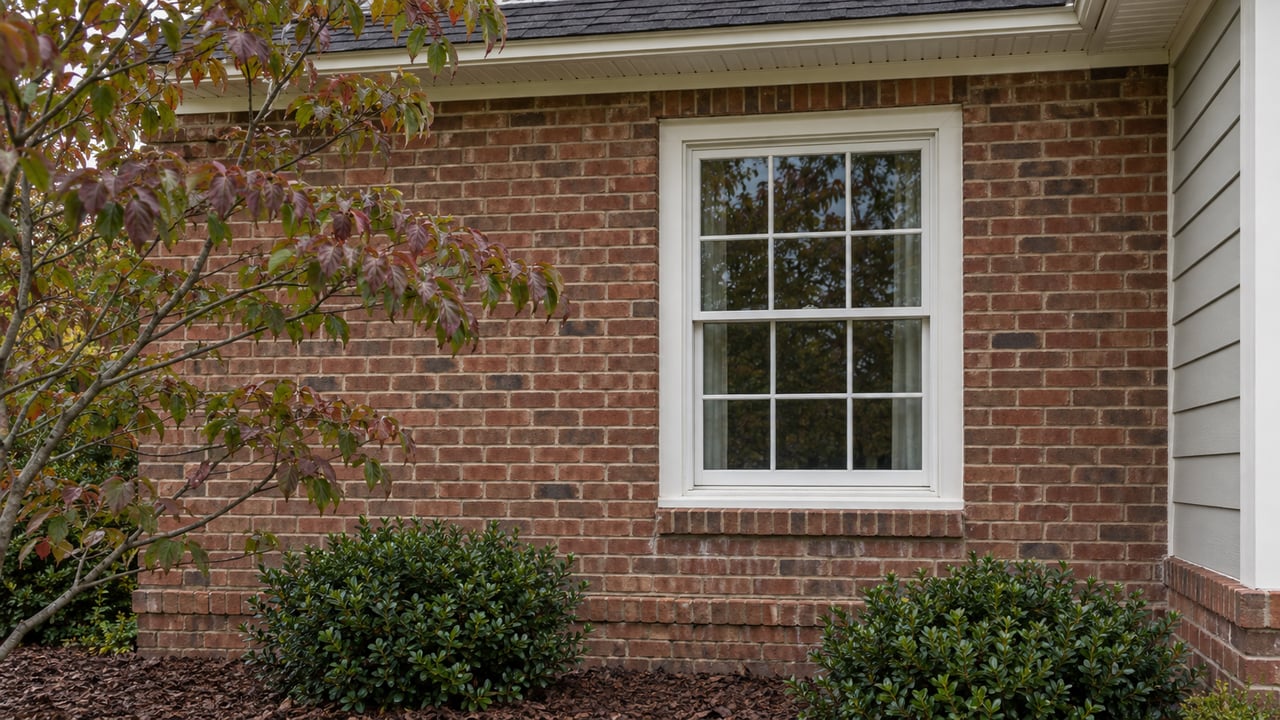 Brick house facade with a white six-over-six window, recessed siding, and dogwood branches above a mulched bed.