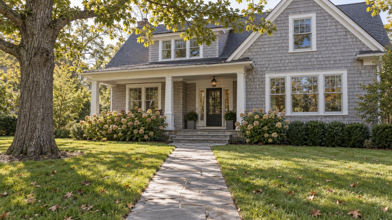 Gray-shingled house with a stone walk, oak canopy, lawn, and hydrangeas by the porch.