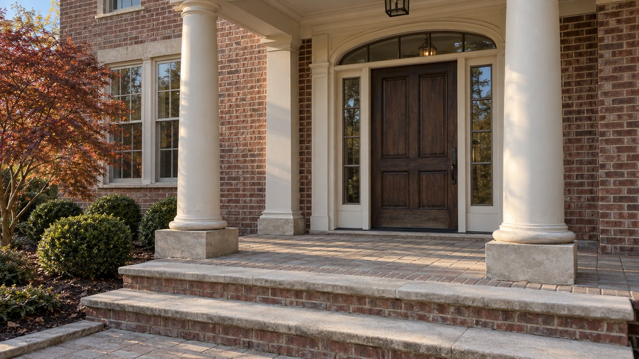 Warm afternoon light on a brick home's limestone entry steps, paired cream columns, and dark oak doorway beside red autumn maple leaves.
