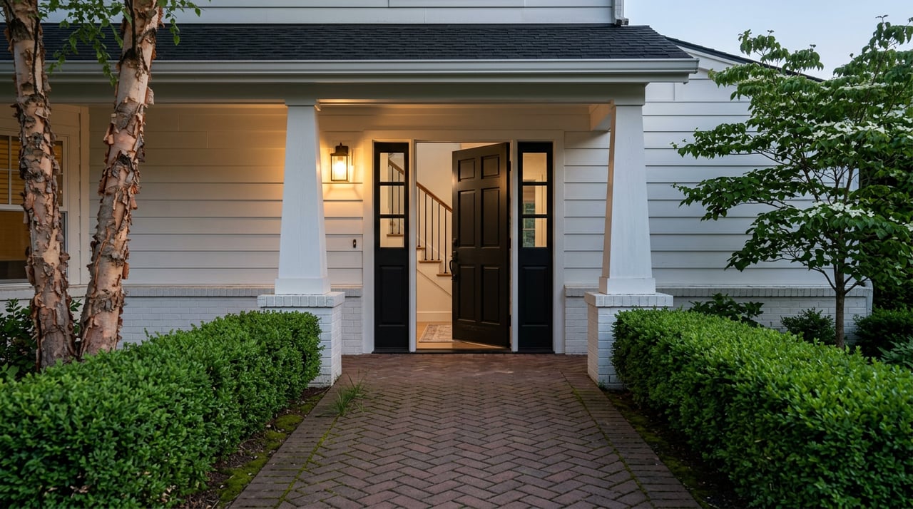 Open black front door beneath a white-columned portico, warm light spilling onto a brick walkway at dusk.