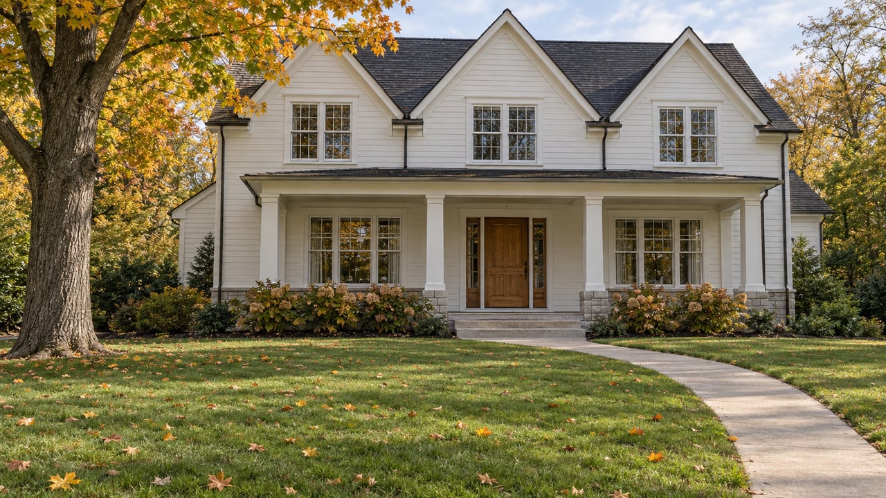 White clapboard home with a covered porch, broad autumn lawn and amber sugar maple.