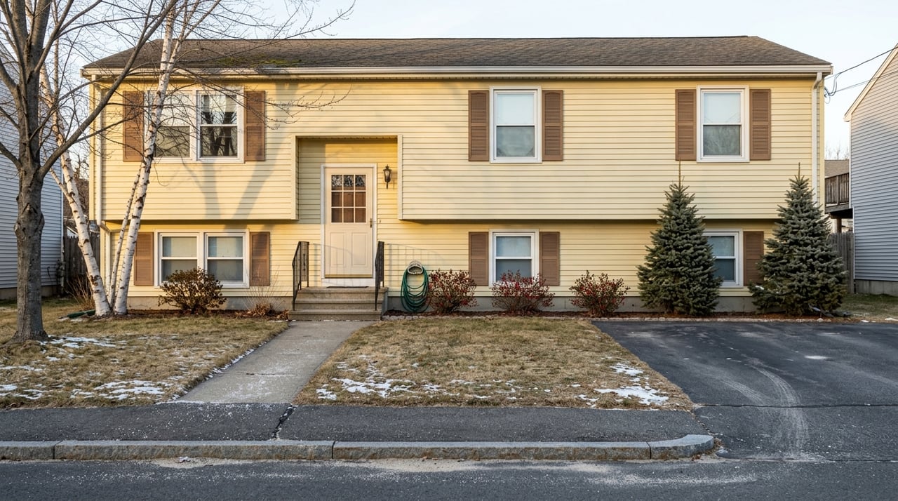 Modest two-story clapboard house with shuttered windows, a stoop, and winter planting.