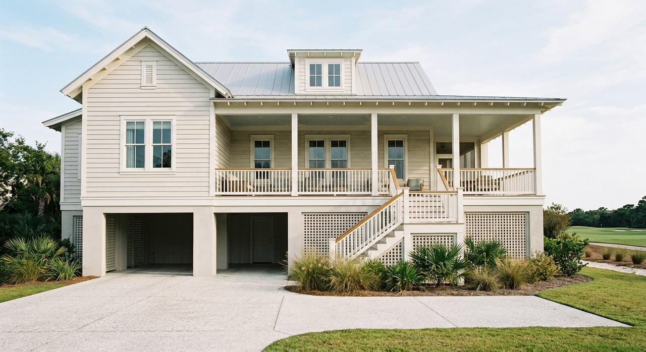 Off-white coastal home with a shaded porch, broad live oak, and lawn bordering a fairway.