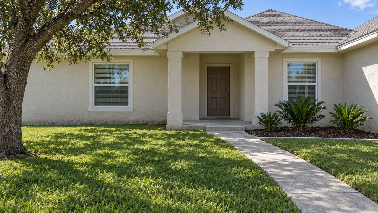 Cream stucco home with a shaded entry, gray shingle gables and a concrete walkway crossing a deep green lawn beneath a spreading oak.