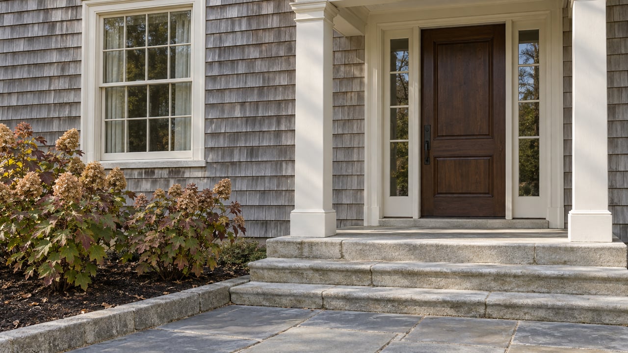 Traditional home entrance with a walnut door, pale painted columns, limestone steps and autumn oakleaf hydrangeas.
