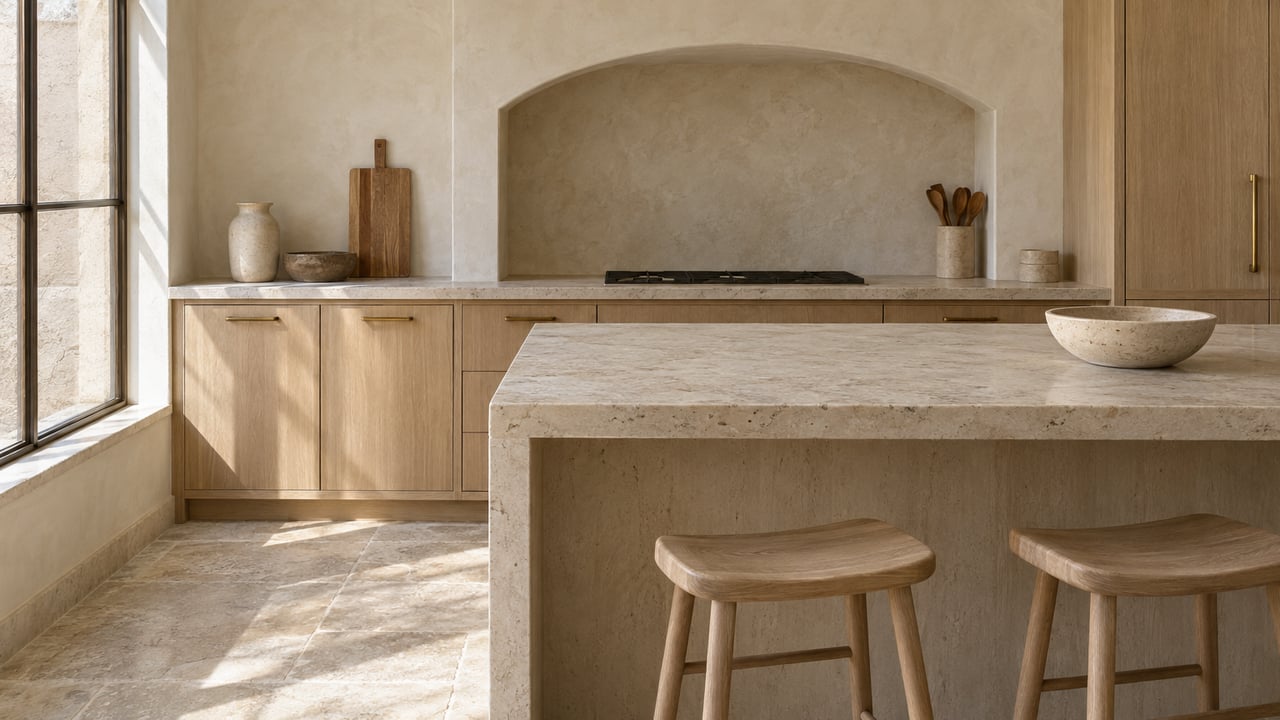Warm ivory kitchen with a plaster cooking arch, pale oak cabinets, limestone island, and two stools.