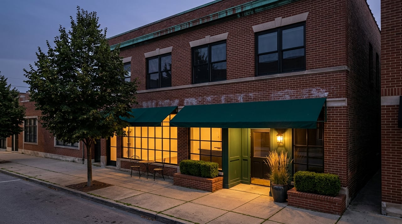Two-story brick storefront with glowing windows, a green entry, planters, and a street tree at dusk.
