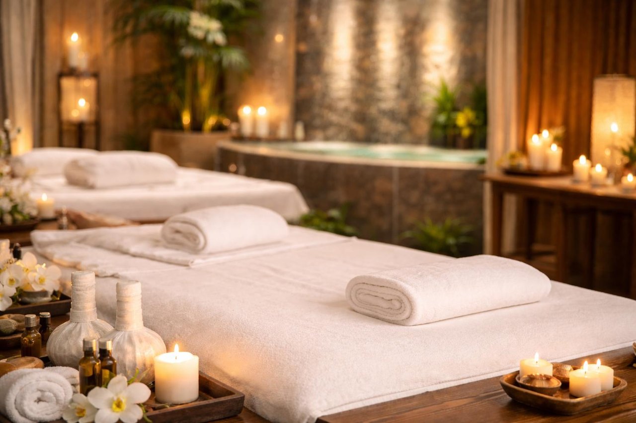 Peaceful spa treatment room with soft lighting and towels.