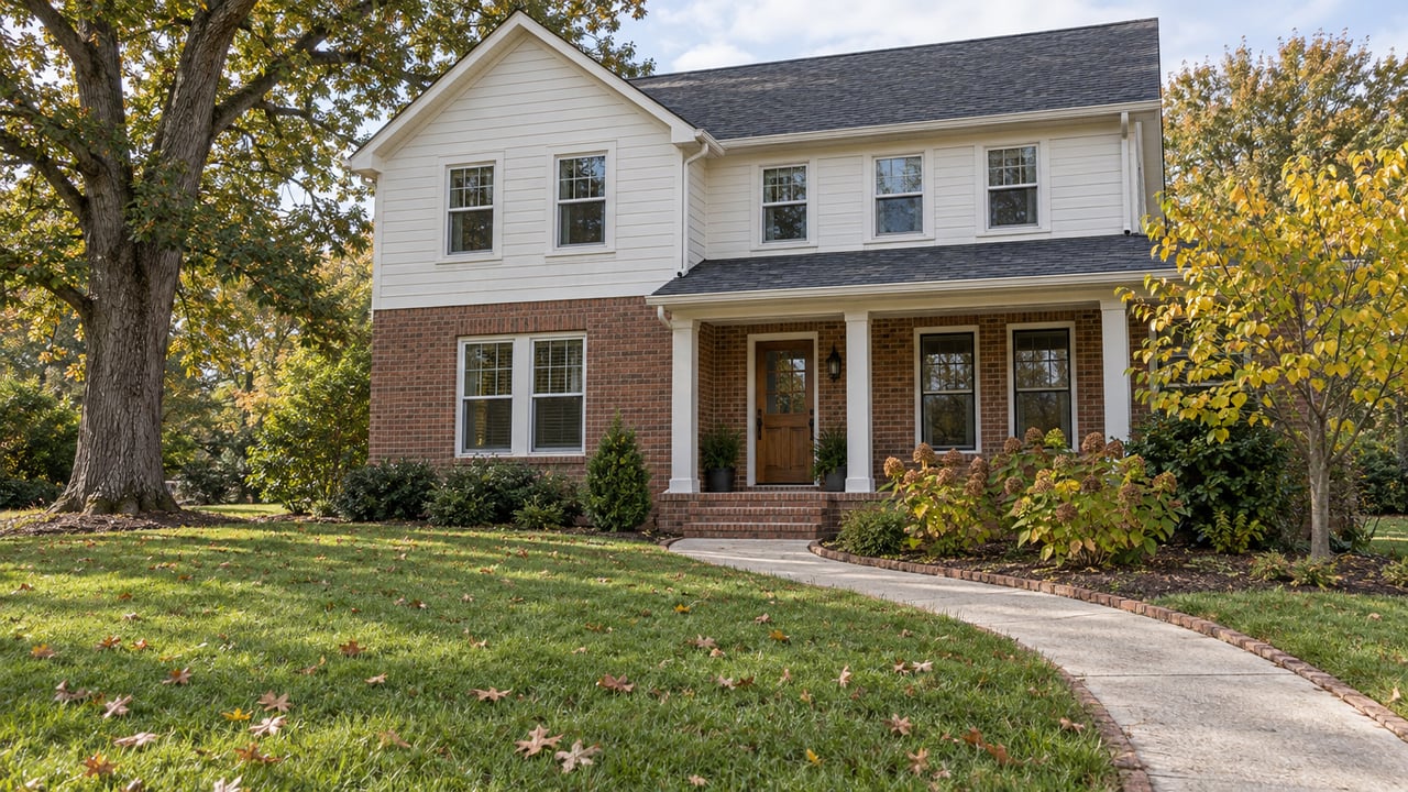 Brick and white-sided detached house with a deep lawn, curved concrete approach and mature oak.
