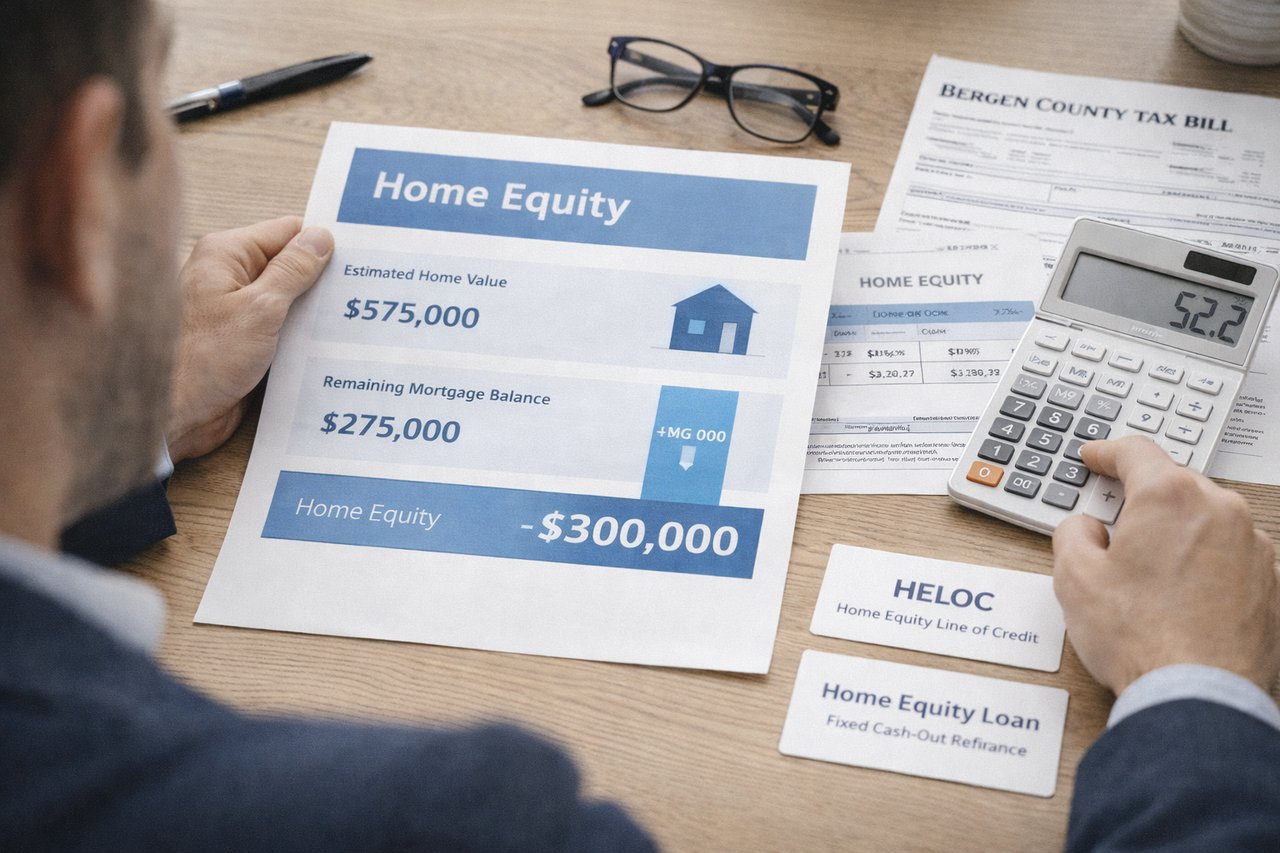  Homeowner calculating home equity and financing options in New Jersey.