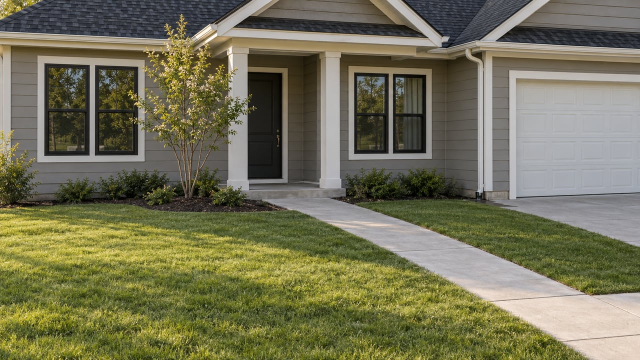Gray-sided house with a covered entry, paired windows, two-car garage, broad lawn, and concrete walkway.