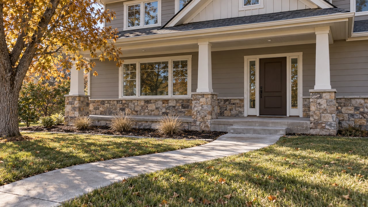 Autumn light across a deep front lawn and concrete walk leading to a stone-based covered porch on a gray two-story home.