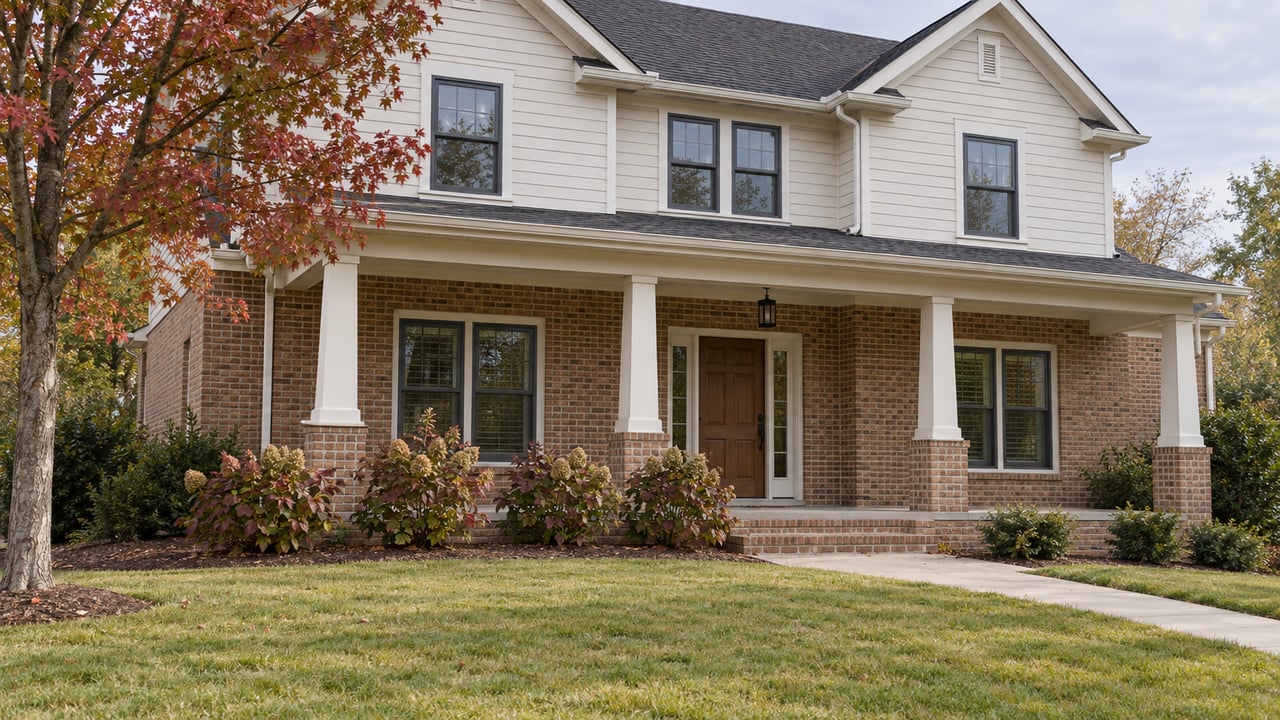 Two-story brick and ivory-sided home with a covered porch, deep front lawn, and early autumn planting.