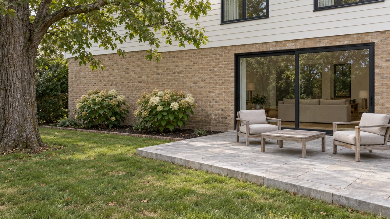 Brick-and-siding home with black-framed glass doors, a limestone terrace, two teak chairs and an oak beside a broad lawn.
