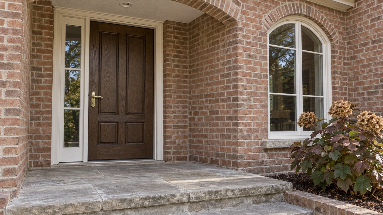 Sheltered brick entrance with a dark oak door, arched window, limestone steps and autumn oakleaf hydrangea.