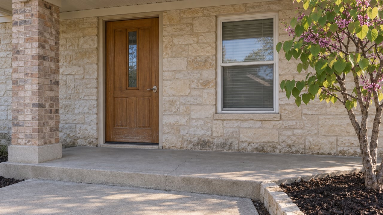 Morning light across a limestone front porch with a timber entry door, brick support pier and concrete approach.