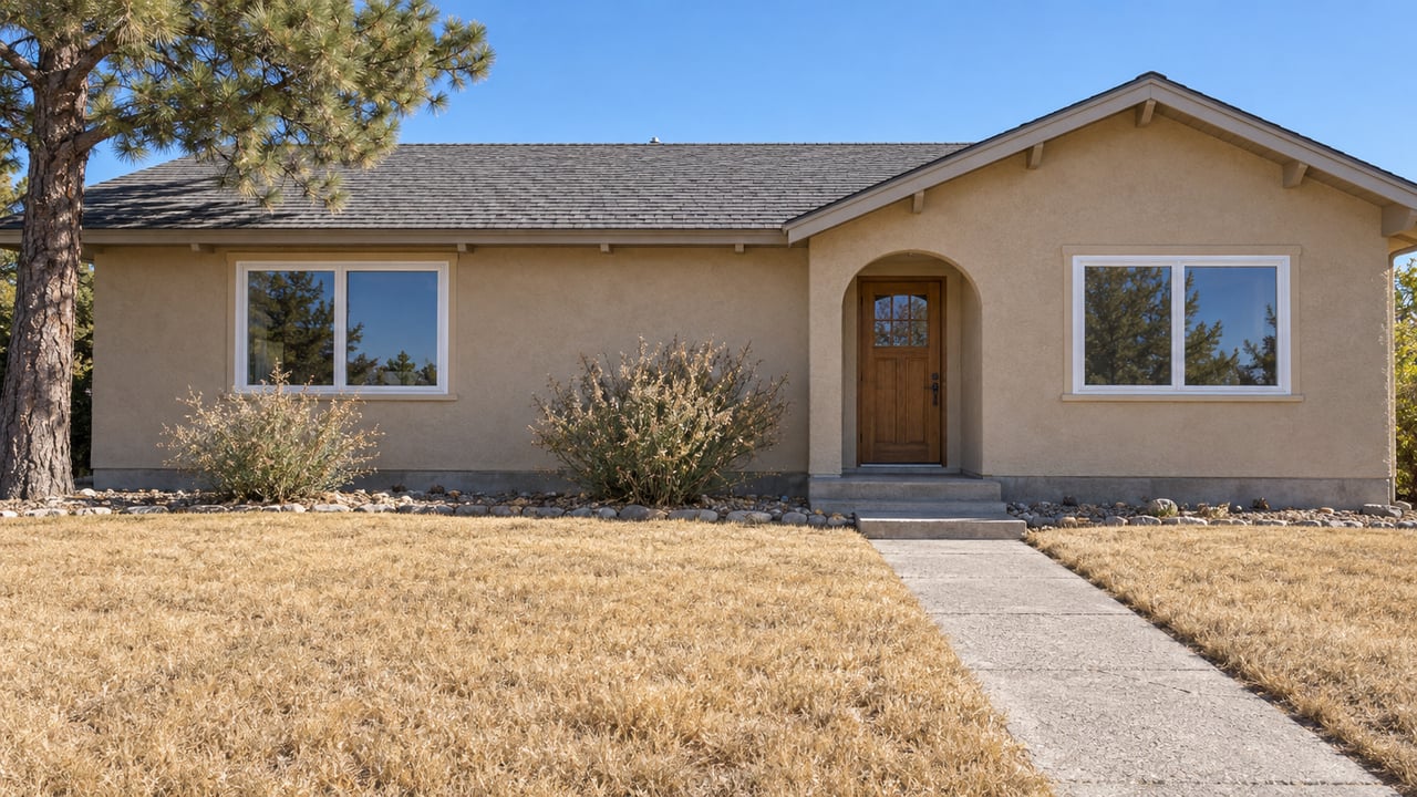 A modest beige stucco ranch with an arched entrance, weathered concrete walk, tawny autumn lawn and mature pine under a clear blue sky.