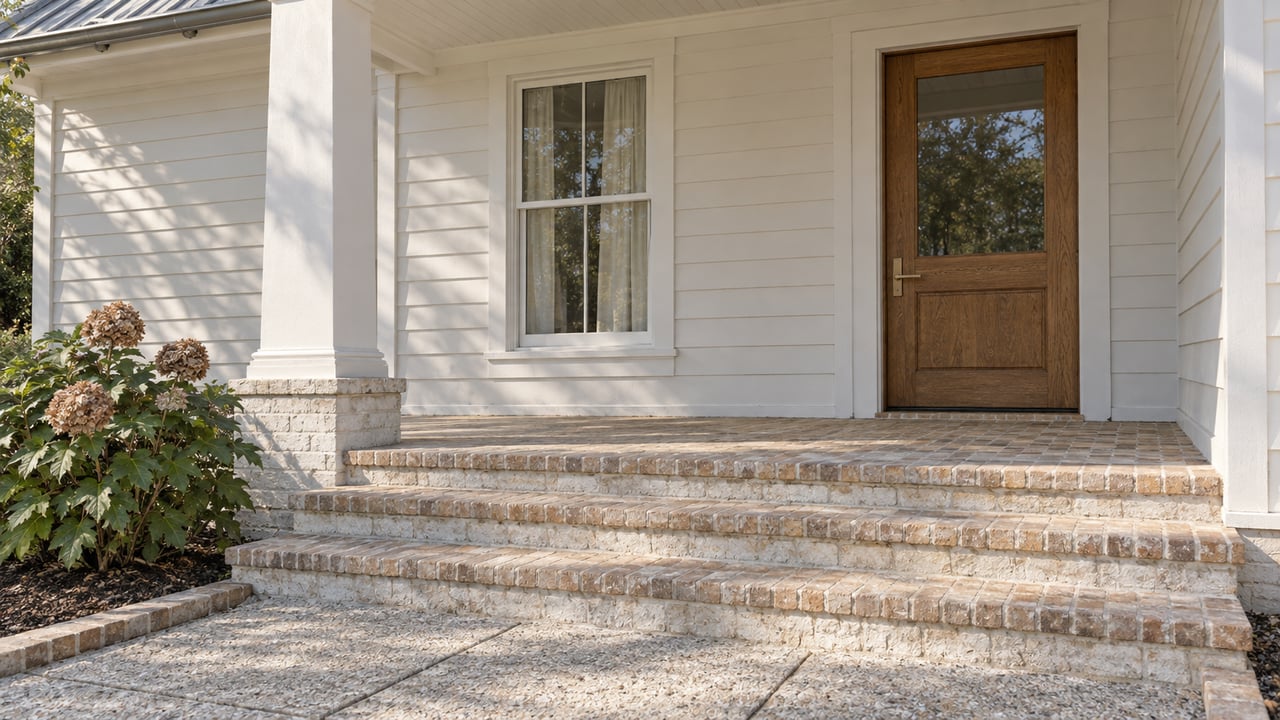 White home’s front porch with broad brick steps, a wood-and-glass door, and flowering shrubs.