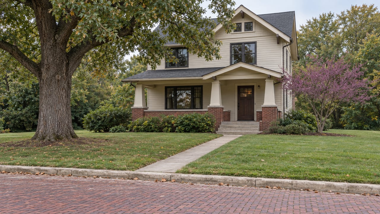 Craftsman-style house behind a brick street, with a broad oak tree shading the front lawn.