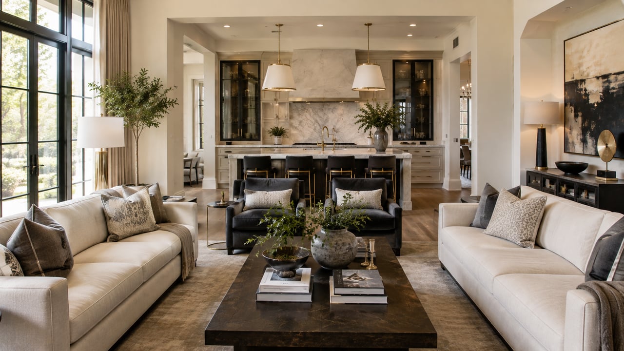 A sophisticated luxury home interior in Nashville featuring custom furnishings, marble finishes, warm wood accents, designer lighting, and an elegant open-concept living room and kitchen.