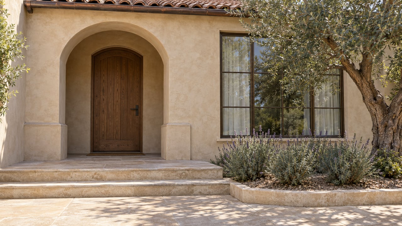 Warm stucco home entrance with an arched oak door, limestone steps, bronze-framed window and a mature olive tree.