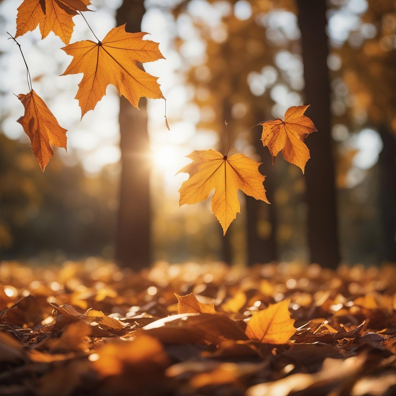 Golden autumn leaves falling through warm sunlight over a forest floor covered in colorful fall leaves