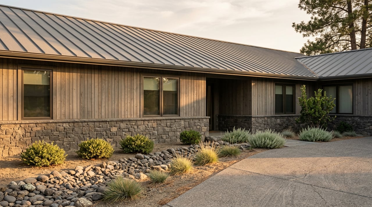 Two-story stone-and-cedar home with a broad metal roof, framed by native grasses and a dry cobble streambed.