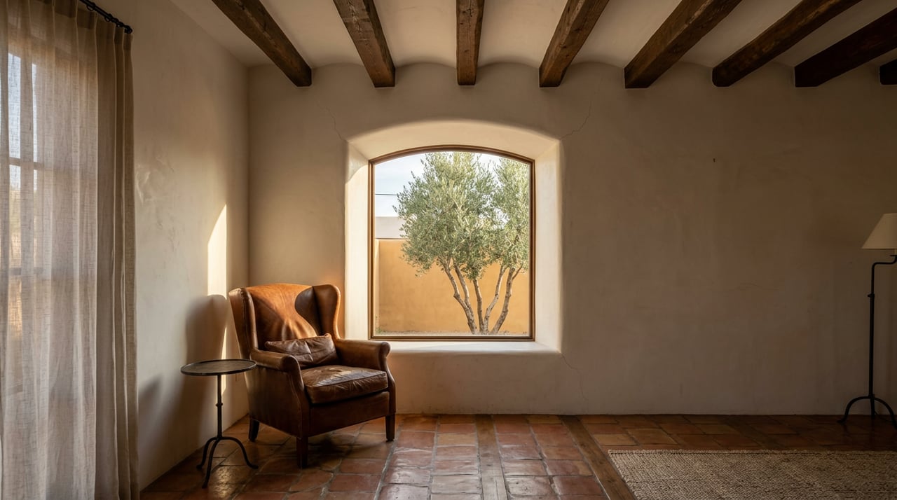 Cognac leather wingback chair beside an arched window, with an olive tree visible outside.