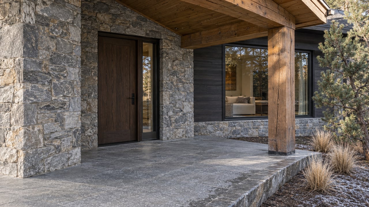 Covered home entry with a dark timber door, textured stone walls, gray paving and a pine beside frost-touched planting soil.