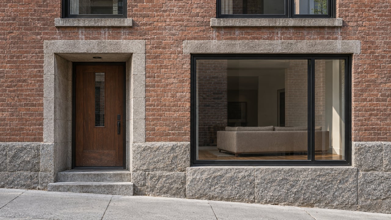 Brick residential facade with black-framed windows, a recessed walnut door, gray stone base, and gently sloping concrete sidewalk.