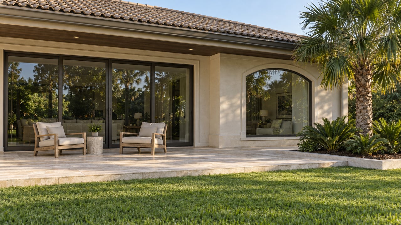 Cream stucco home with a tiled hip roof, shaded limestone terrace, teak seating and a specimen palm beside a broad lawn.