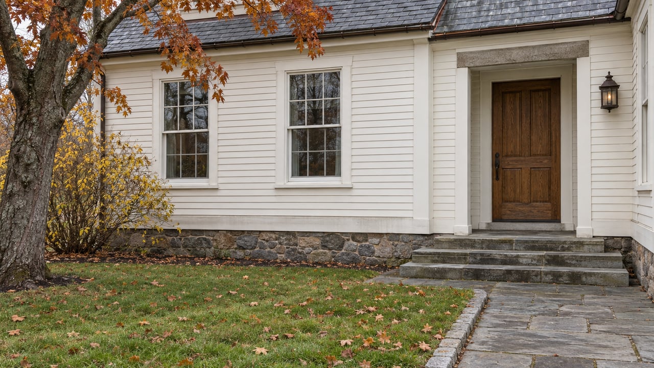 Ivory clapboard country-house entry with an oak door, fieldstone foundation and worn bluestone steps beside a late-fall lawn.