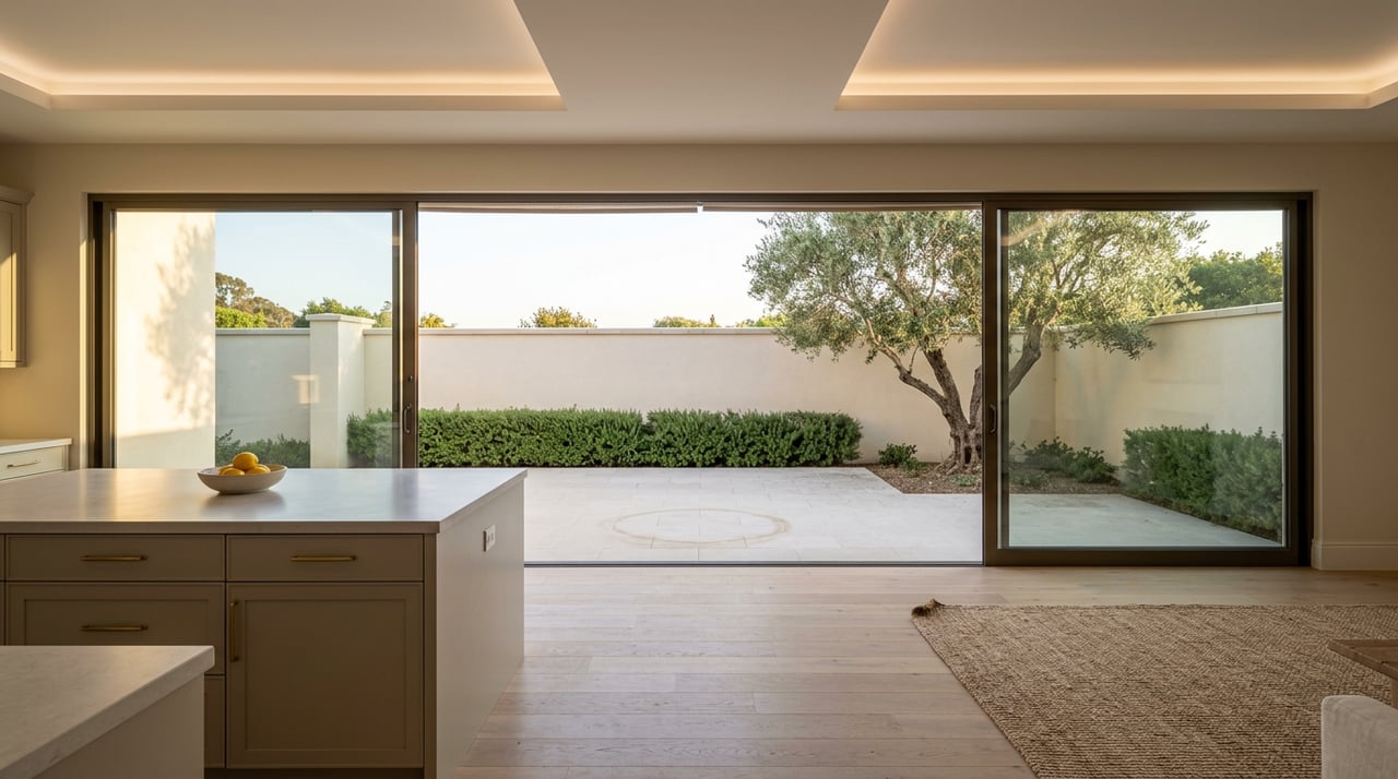 Sunlit great room with a quartz kitchen island, low seating, oak floors, and an olive tree beyond sliding glass doors.
