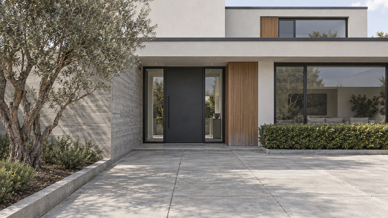 Contemporary two-story home with a recessed charcoal entry door, warm wood accents, concrete paving and a sculptural olive tree.