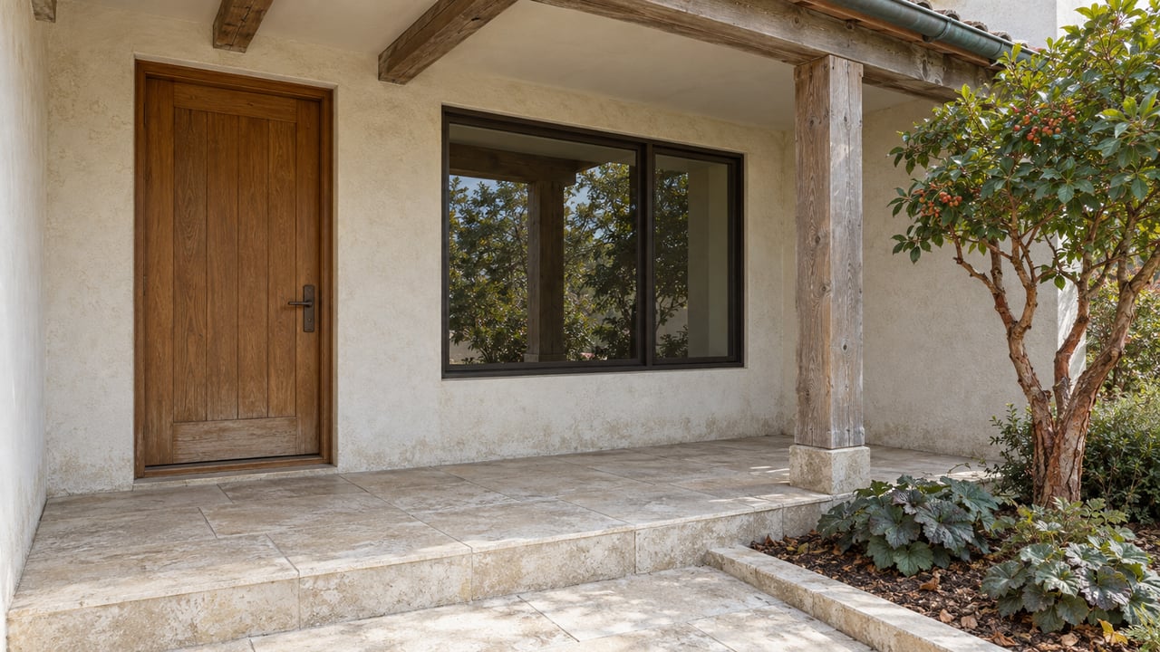 A sheltered stucco home entry with an oak door, exposed timber beams, limestone steps and a sculptural strawberry tree.