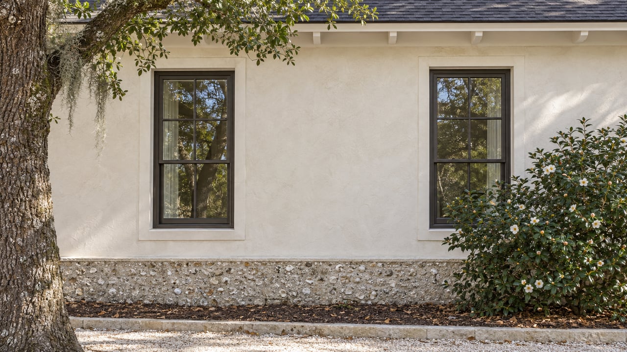 Ivory stucco house wall with two dark-framed windows, an oak at left, and a camellia in a shell-planted bed.