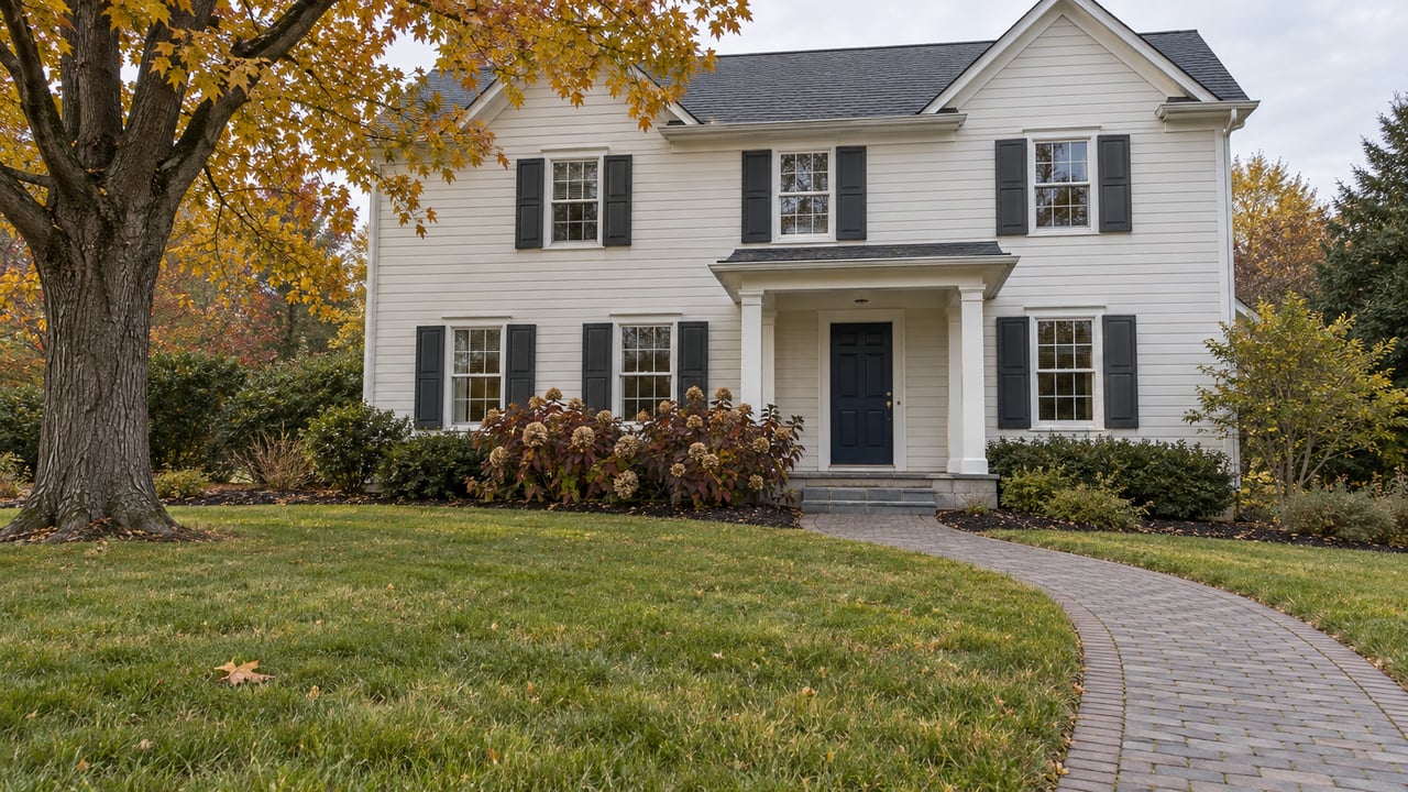 Ivory clapboard home with dark shutters, a navy front door and bluestone porch beyond a broad autumn lawn.