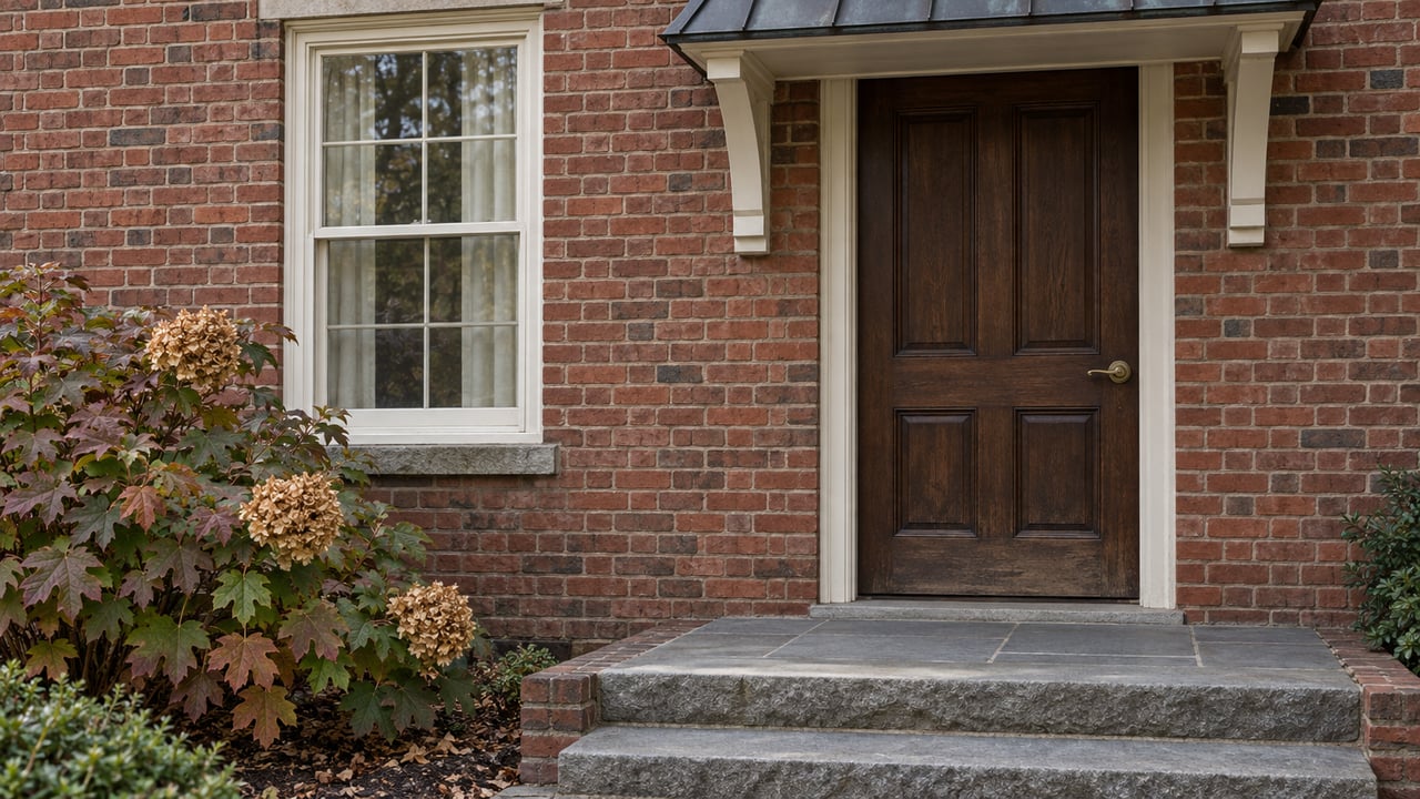 Red brick home entry with a dark oak door, cream-trimmed window, weathered bluestone steps, and autumn oakleaf hydrangea.