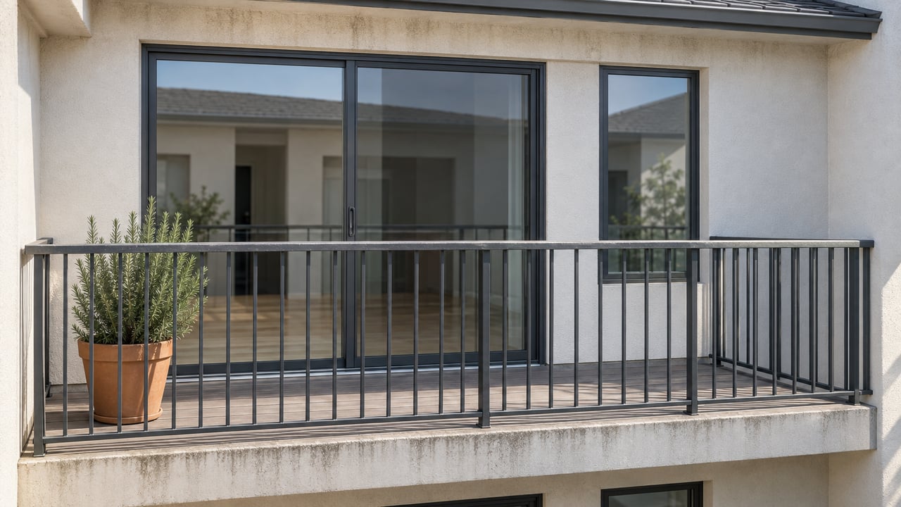 Second-floor balcony with charcoal metal railing, terracotta planter, and closed sliding glass doors in a pale stucco facade.