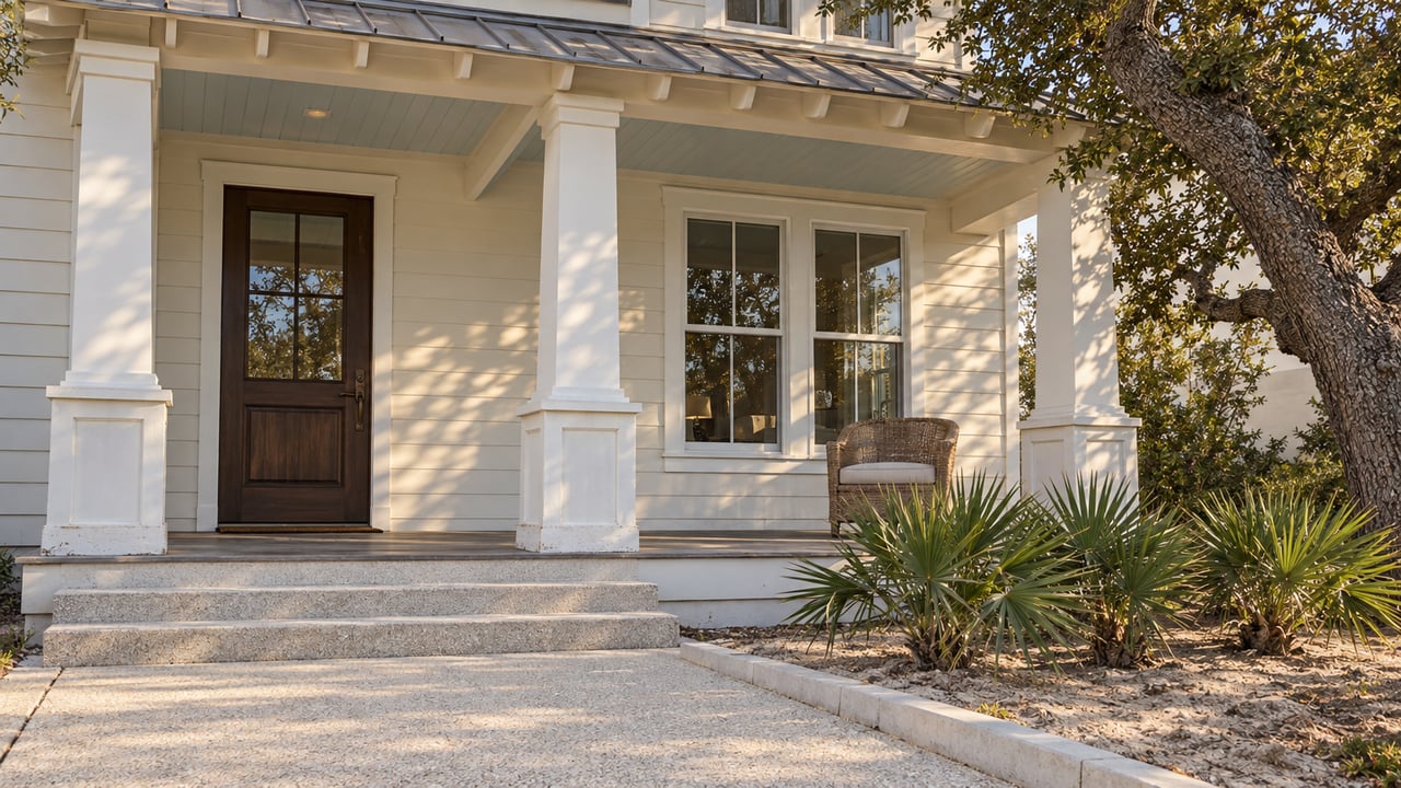 Ivory-sided coastal cottage entrance with a shaded wood porch, broad concrete steps, and silver-green palmettos beneath a sculptural oak.