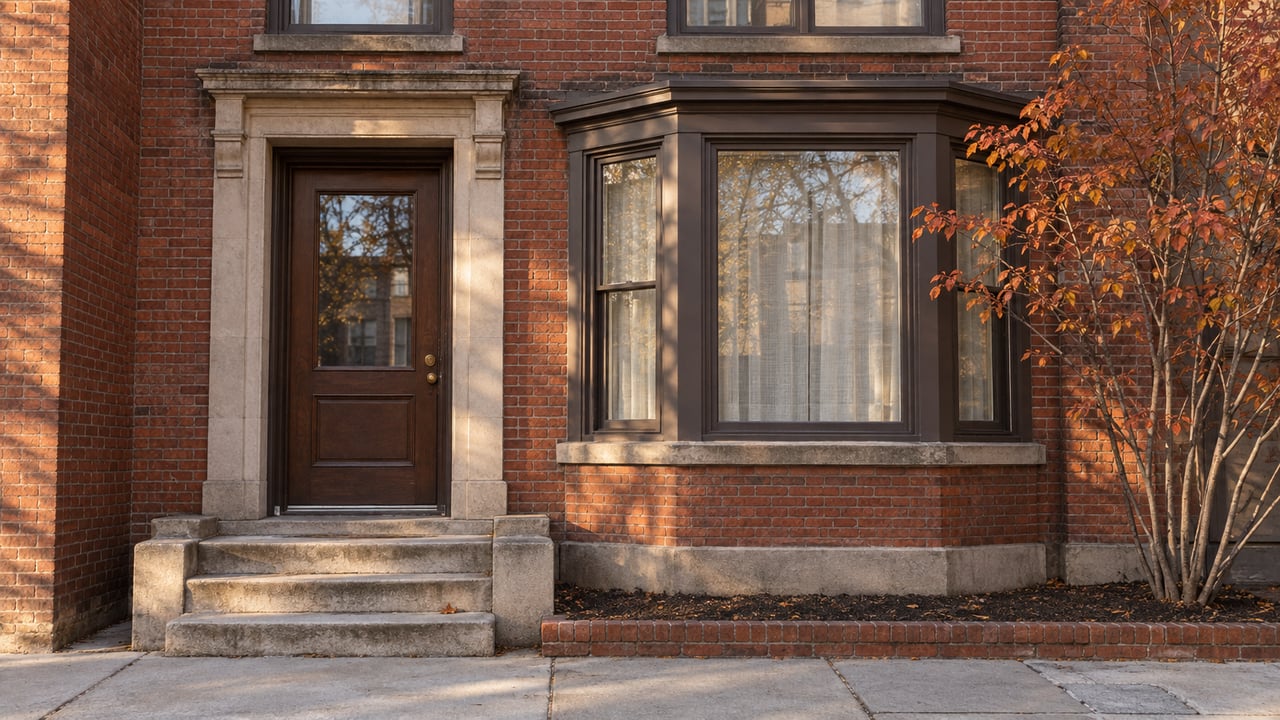 Red-brick two-flat with a recessed wood door, limestone stoop, bay window, and sparse russet leaves.