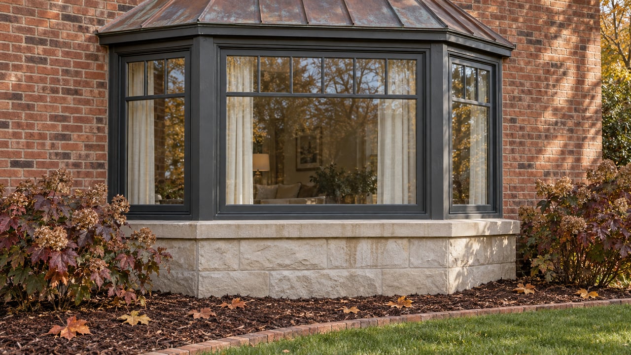Autumn morning light on a brick home's copper-roofed bay window, limestone foundation, and oakleaf hydrangeas.