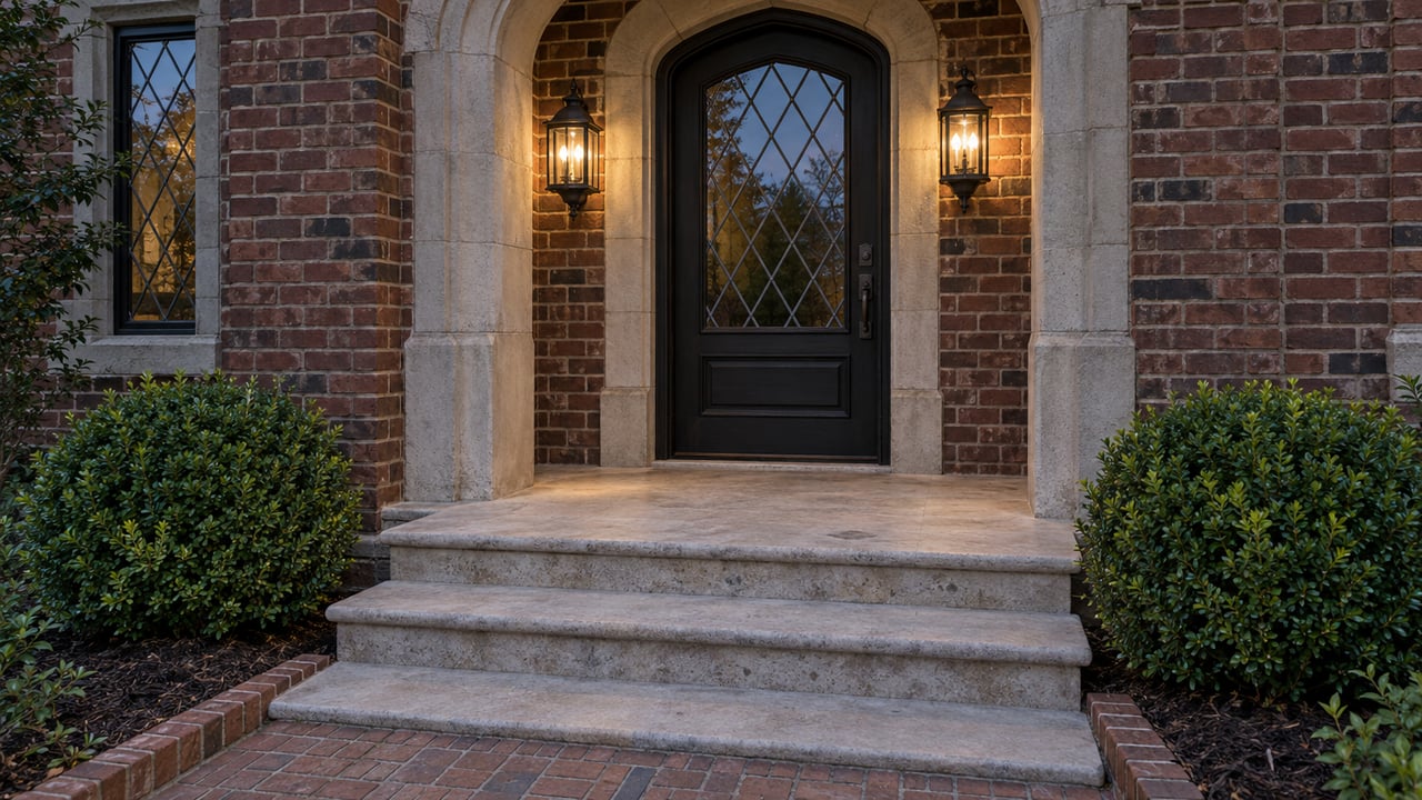 Brick home entry at dusk with a limestone arch, leaded-glass black door, paired lanterns and broad stone steps.